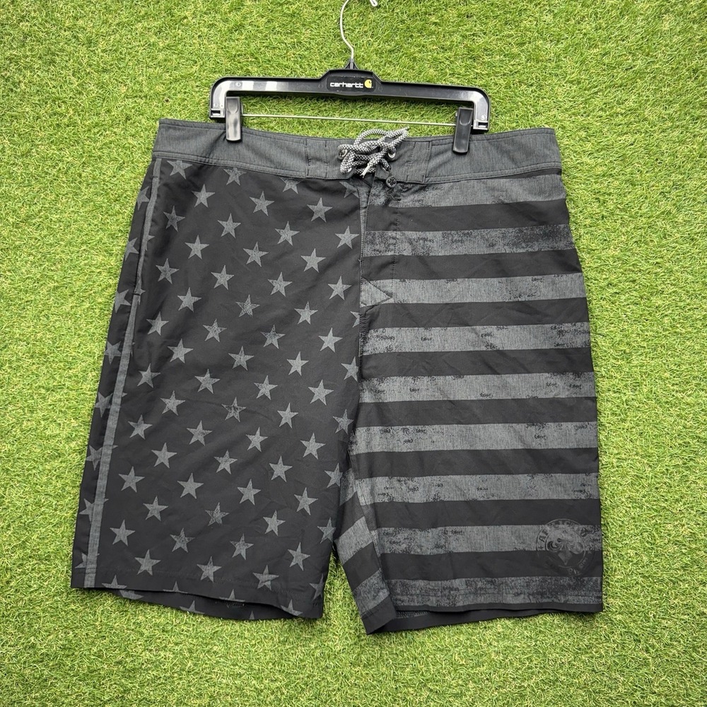 Affliction Board Shorts Mens 38 Gray Swim American Flag Stars Stripes Stretch